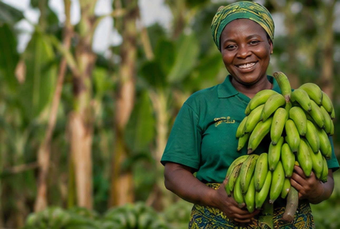 Agricultrice partenaire de KOBI GROUP tenant des plantains verts fraîchement récoltés